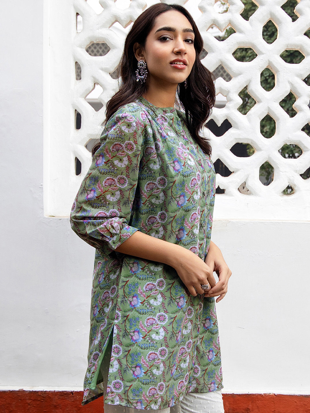Janasya Regular Weightless Georgette Sage Floral Band Collar Tunic | Grocsy