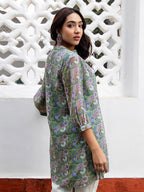 Janasya Regular Weightless Georgette Sage Floral Band Collar Tunic | Grocsy