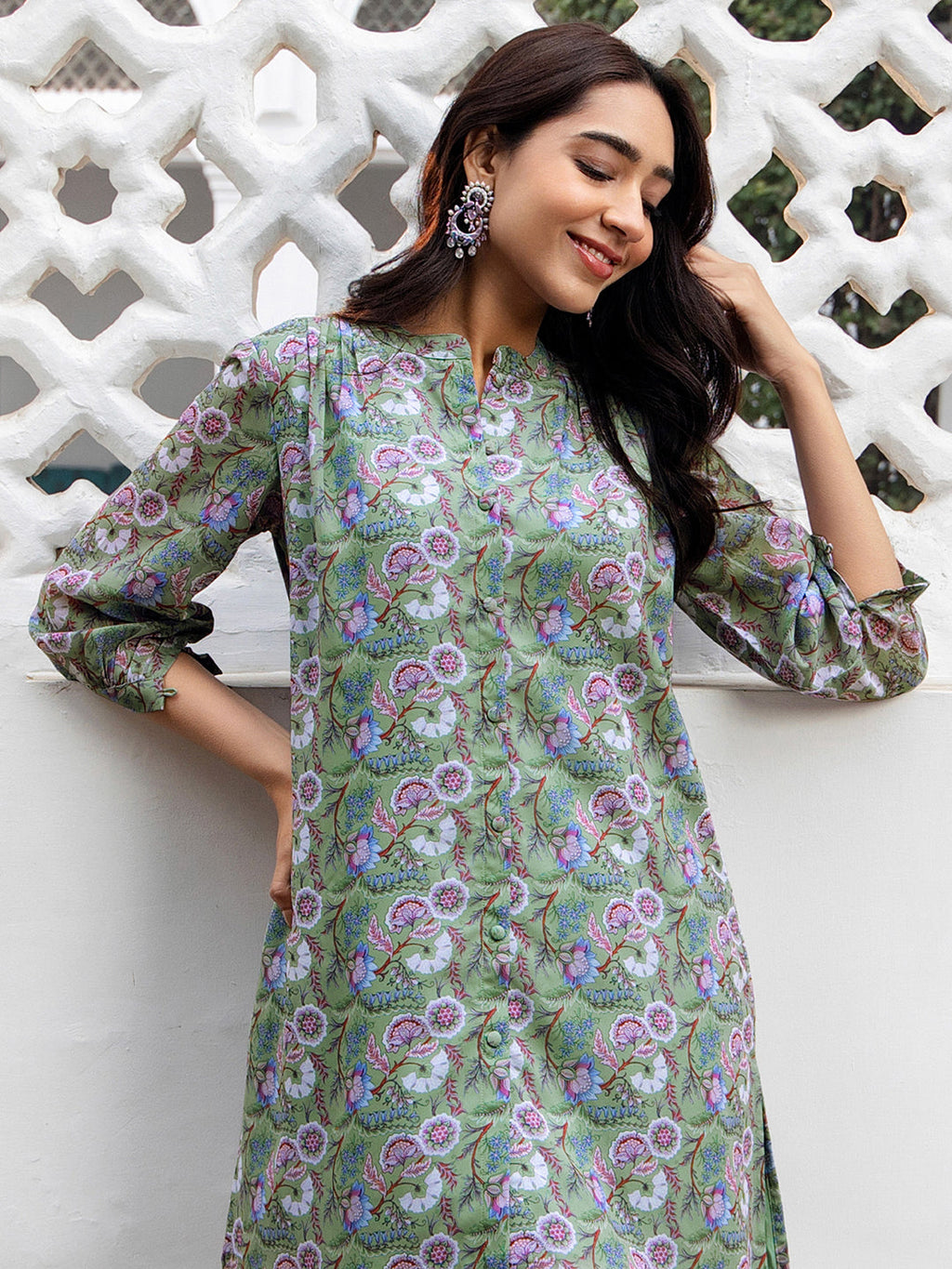 Janasya Regular Weightless Georgette Sage Floral Band Collar Tunic | Grocsy