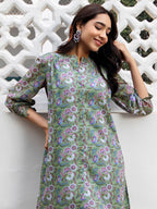 Janasya Regular Weightless Georgette Sage Floral Band Collar Tunic | Grocsy