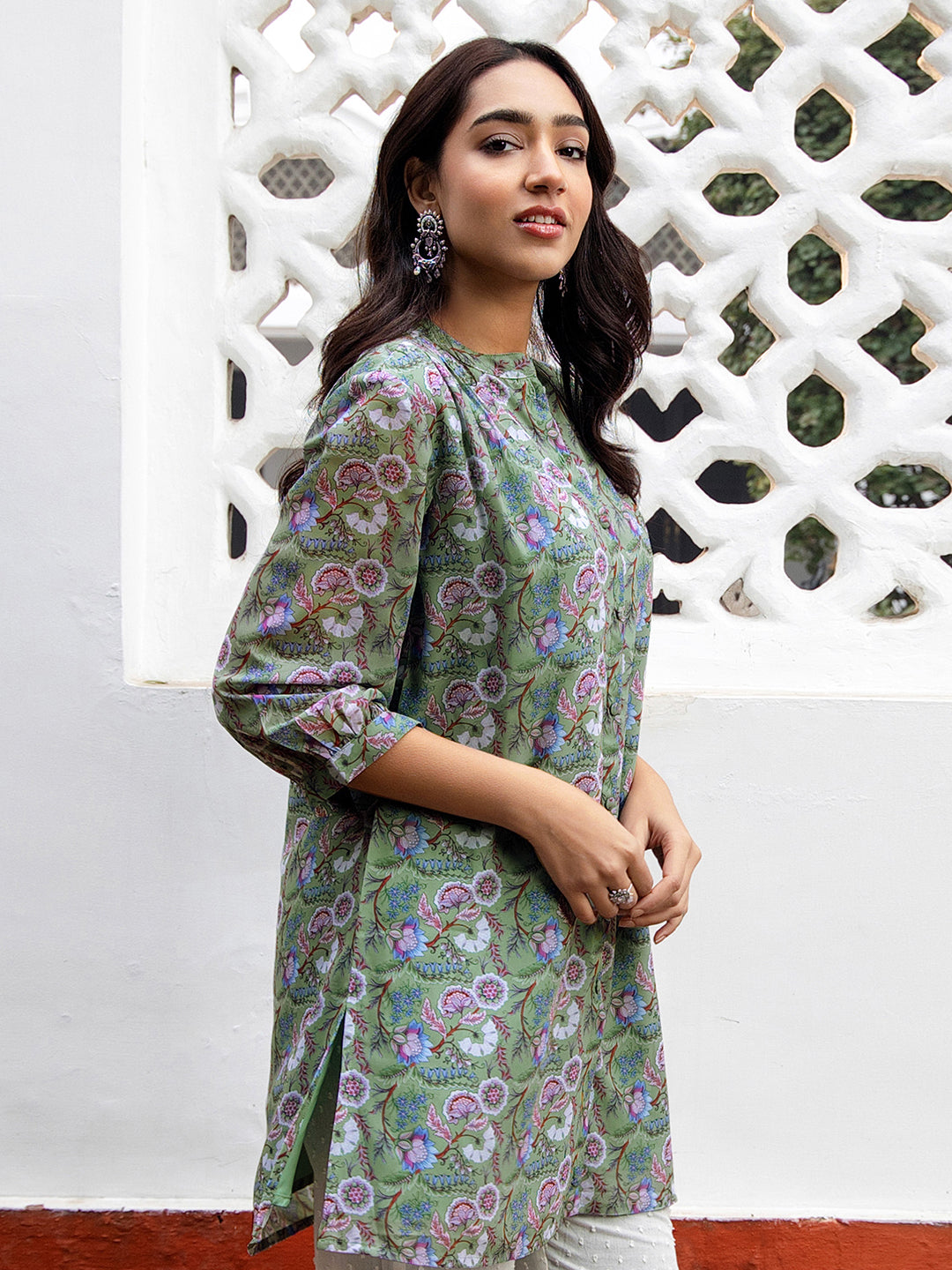 Janasya Regular Weightless Georgette Sage Floral Band Collar Tunic | Grocsy