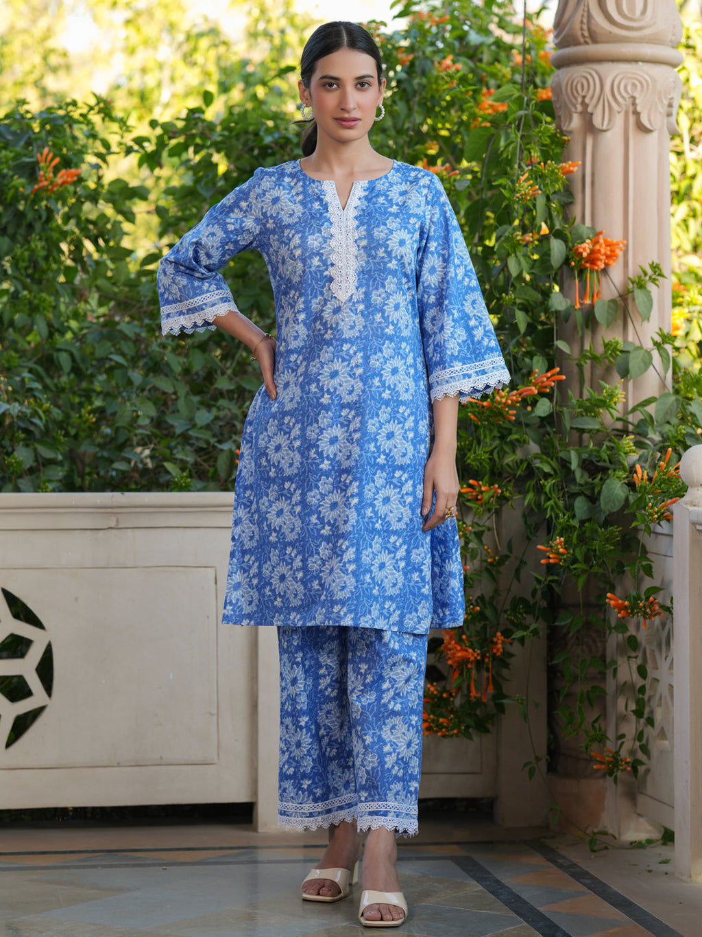 Janasya Light Cotton Floral Straight Top & Bottom Set | Grocsy