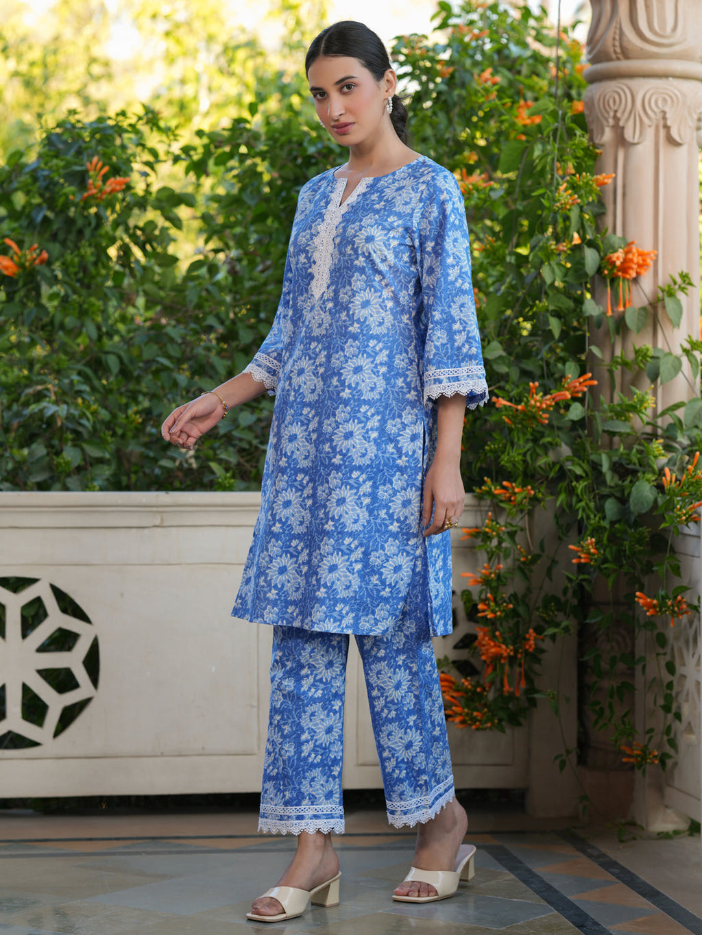 Janasya Light Cotton Floral Straight Top & Bottom Set | Grocsy