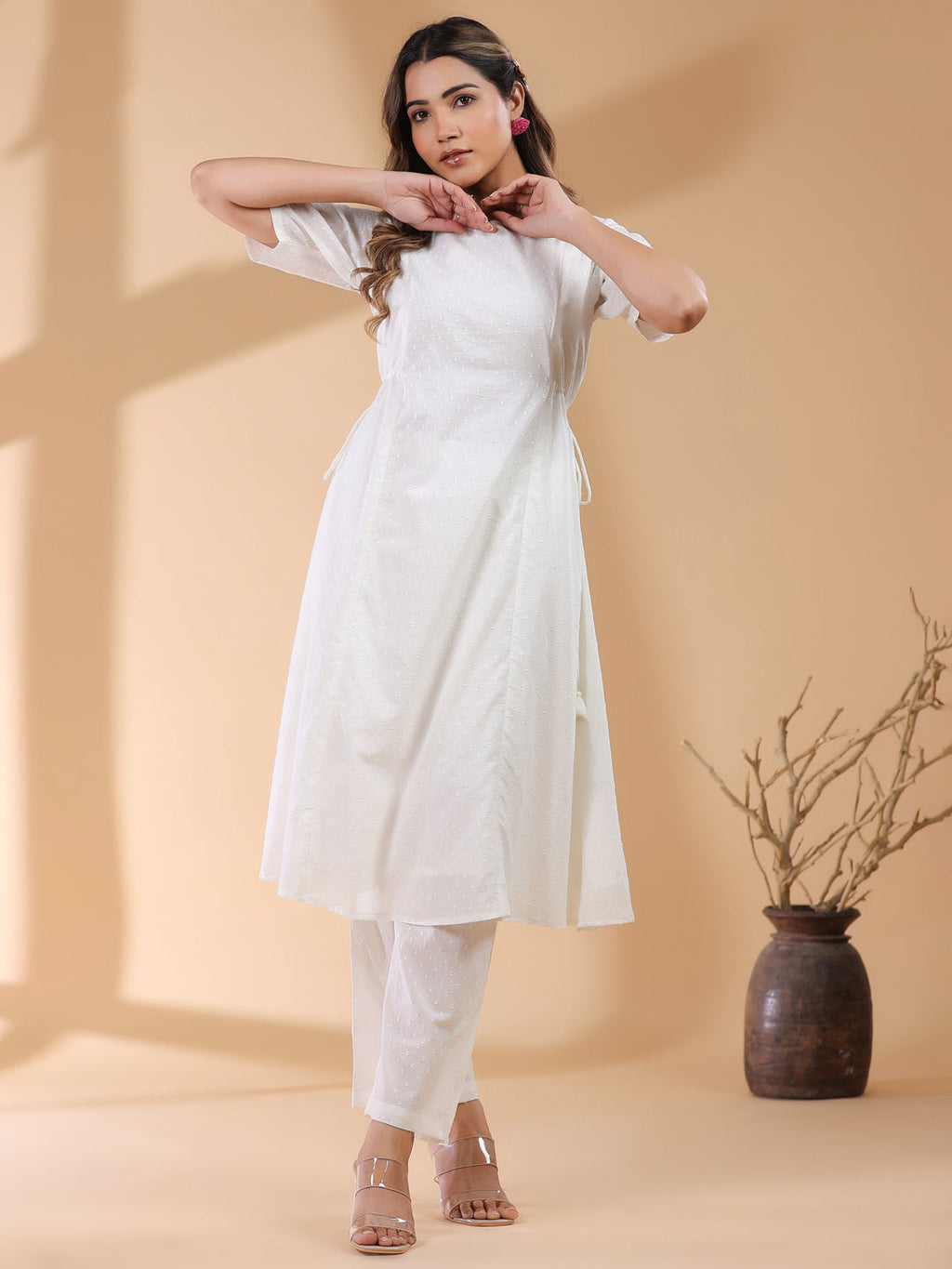 Janasya Light Dobby Cotton Self Design A-Line Kurta Set | Grocsy
