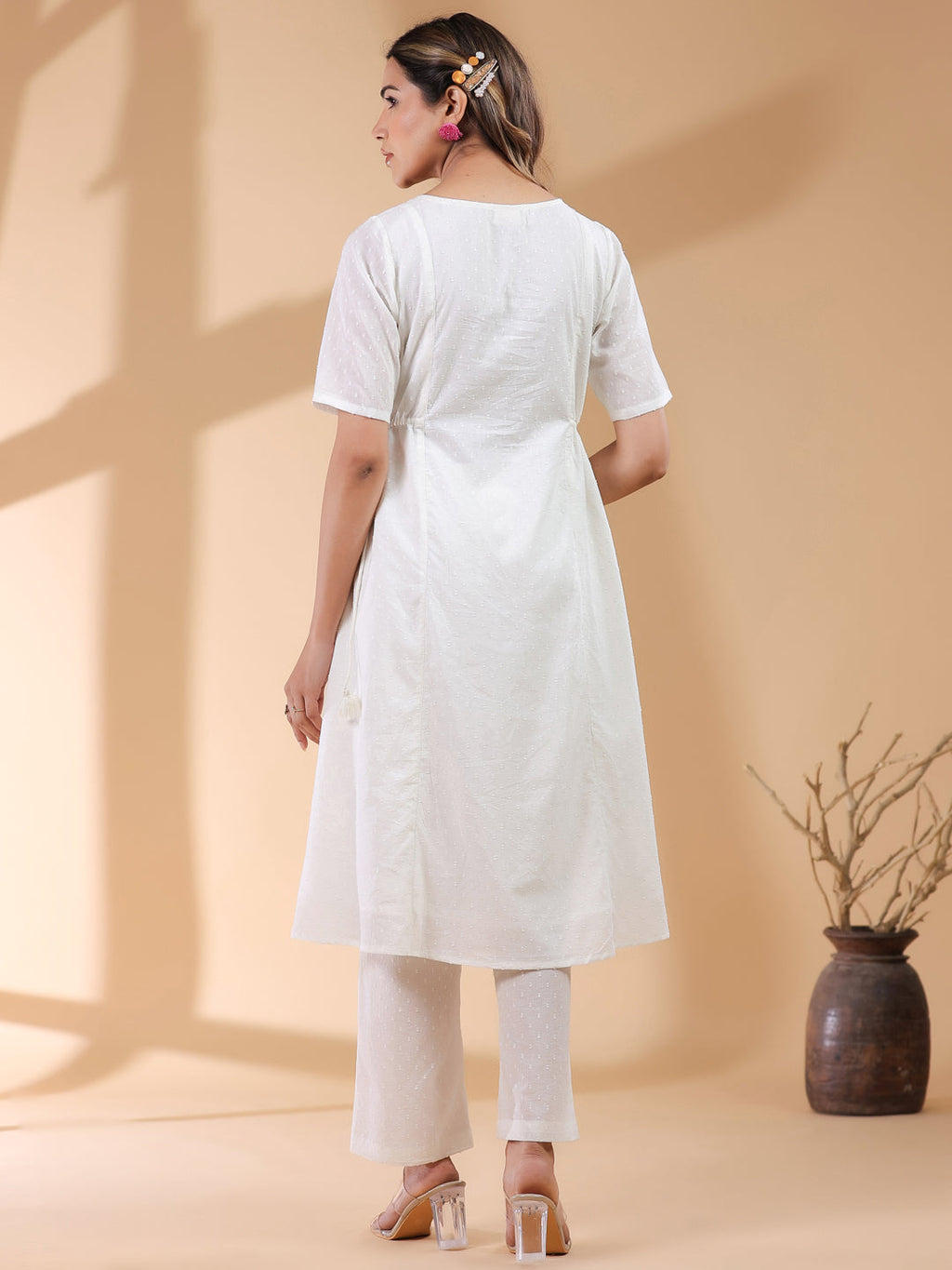 Janasya Light Dobby Cotton Self Design A-Line Kurta Set | Grocsy