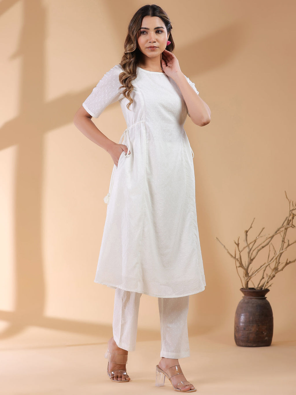 Janasya Light Dobby Cotton Self Design A-Line Kurta Set | Grocsy