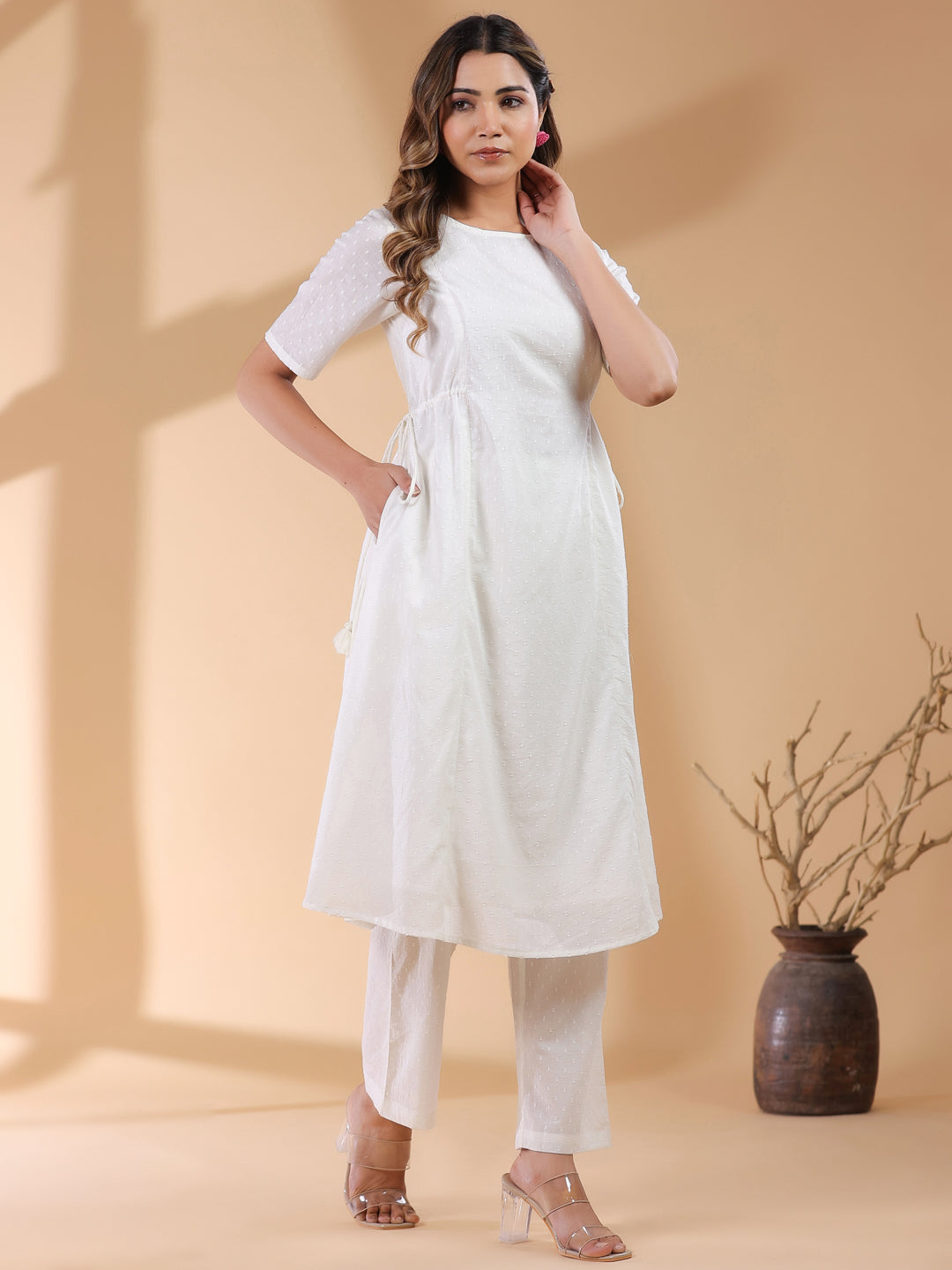 Janasya Light Dobby Cotton Self Design A-Line Kurta Set | Grocsy