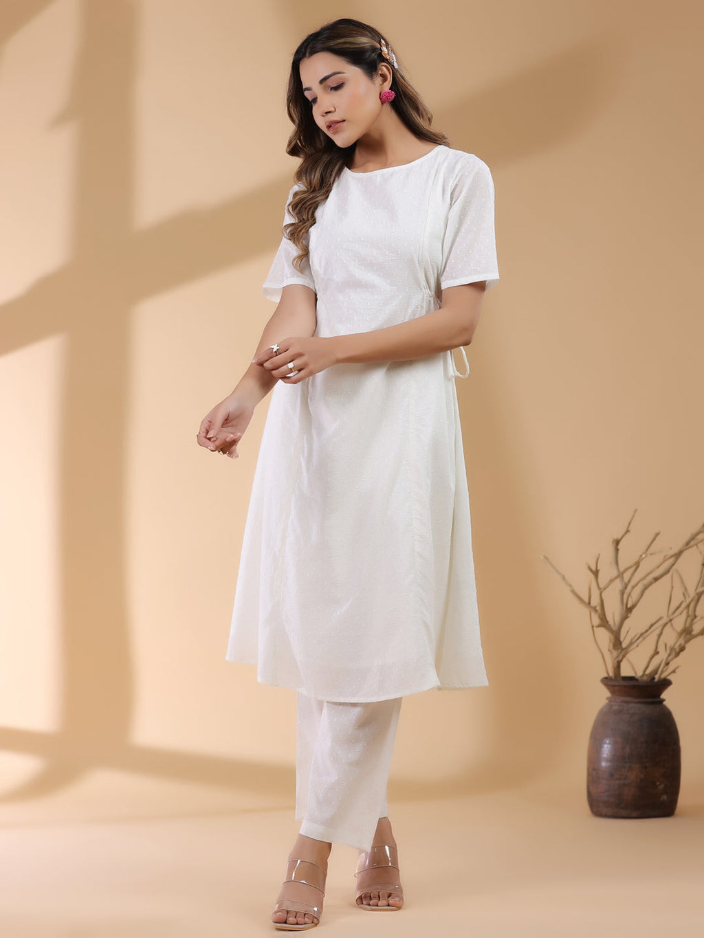 Janasya Light Dobby Cotton Self Design A-Line Kurta Set | Grocsy