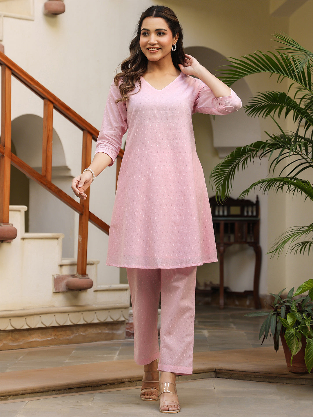 Janasya Light Dobby Cotton Self Design A-Line Top & Bottom Set | Grocsy