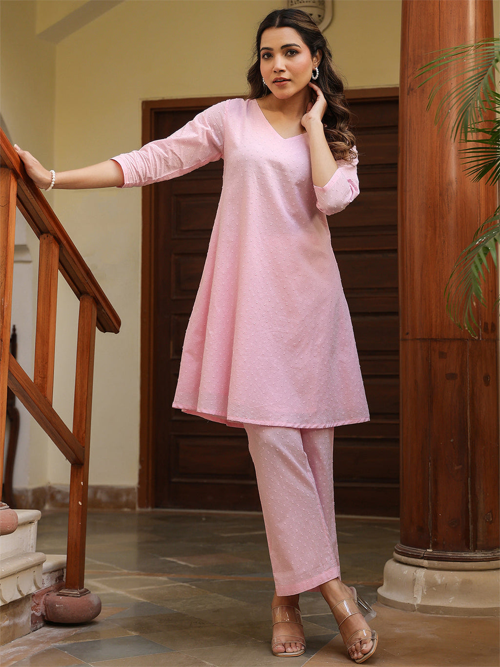 Janasya Light Dobby Cotton Self Design A-Line Top & Bottom Set | Grocsy
