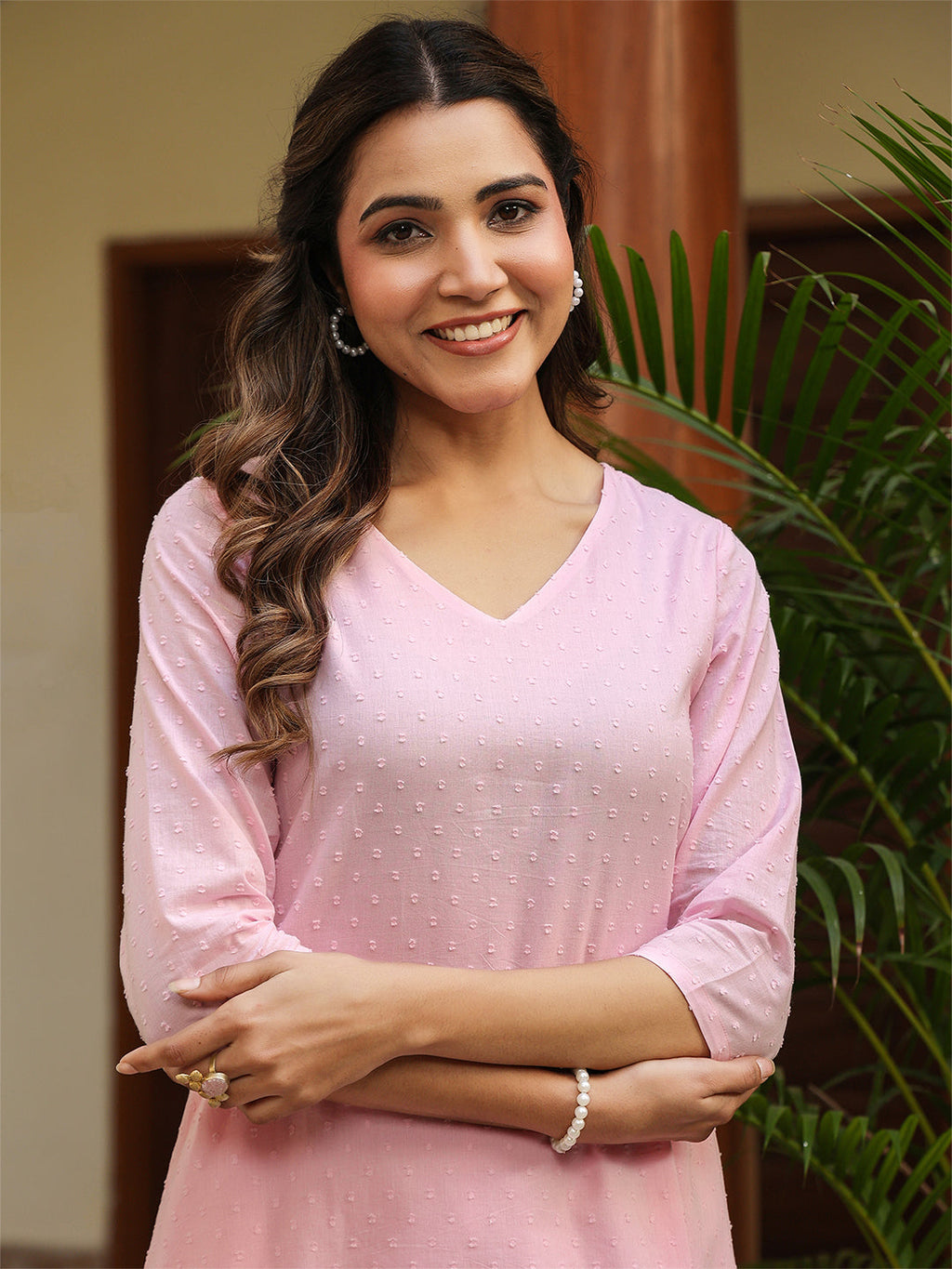 Janasya Light Dobby Cotton Self Design A-Line Top & Bottom Set | Grocsy