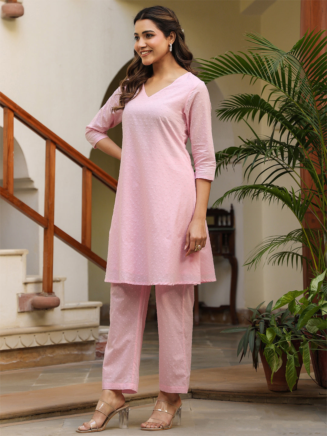 Janasya Light Dobby Cotton Self Design A-Line Top & Bottom Set | Grocsy