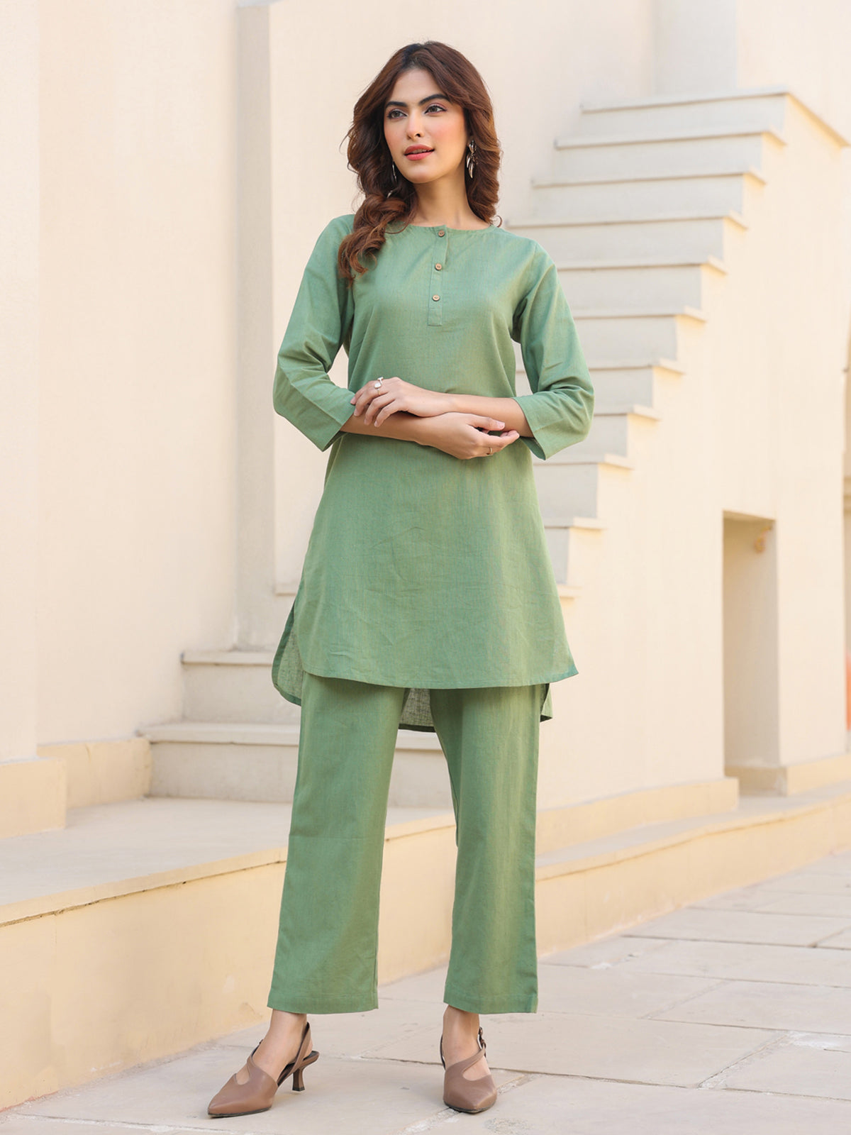 Janasya Dark Cotton Solid A-Line Top & Bottom Set | Grocsy