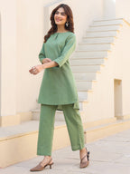 Janasya Dark Cotton Solid A-Line Top & Bottom Set | Grocsy