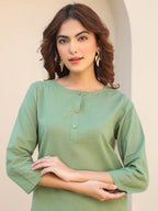 Janasya Dark Cotton Solid A-Line Top & Bottom Set | Grocsy