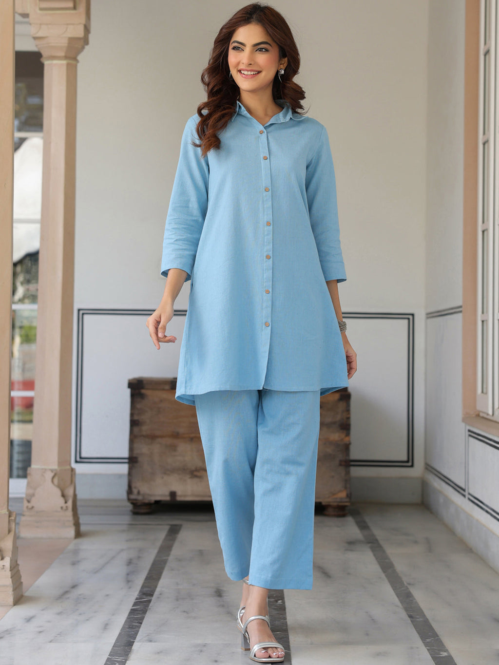 Janasya Light Cotton Solid Straight Top & Bottom Set | Grocsy