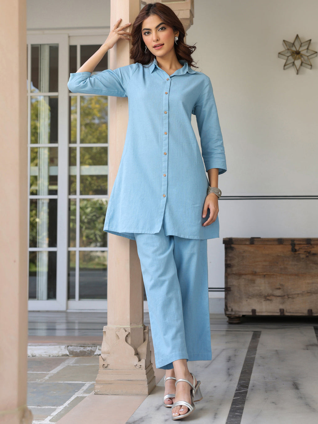 Janasya Light Cotton Solid Straight Top & Bottom Set | Grocsy
