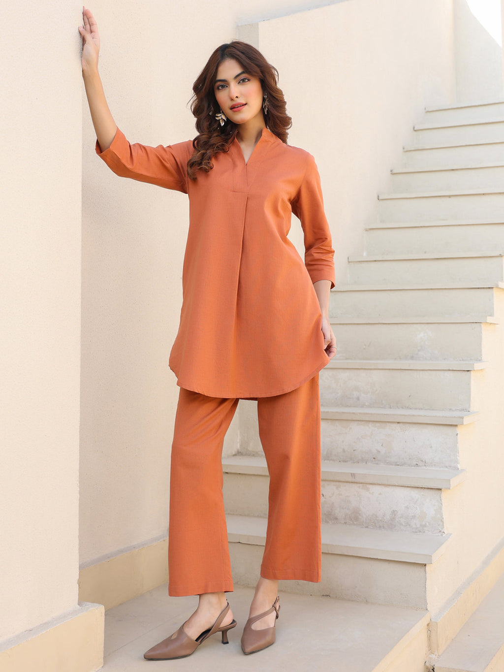 Janasya Dark Cotton Solid A-Line Top & Bottom Set | Grocsy