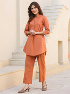 Janasya Dark Cotton Solid A-Line Top & Bottom Set | Grocsy