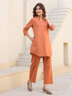 Janasya Dark Cotton Solid A-Line Top & Bottom Set | Grocsy