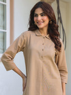 Janasya Dark Cotton Solid A-Line Top & Bottom Set | Grocsy