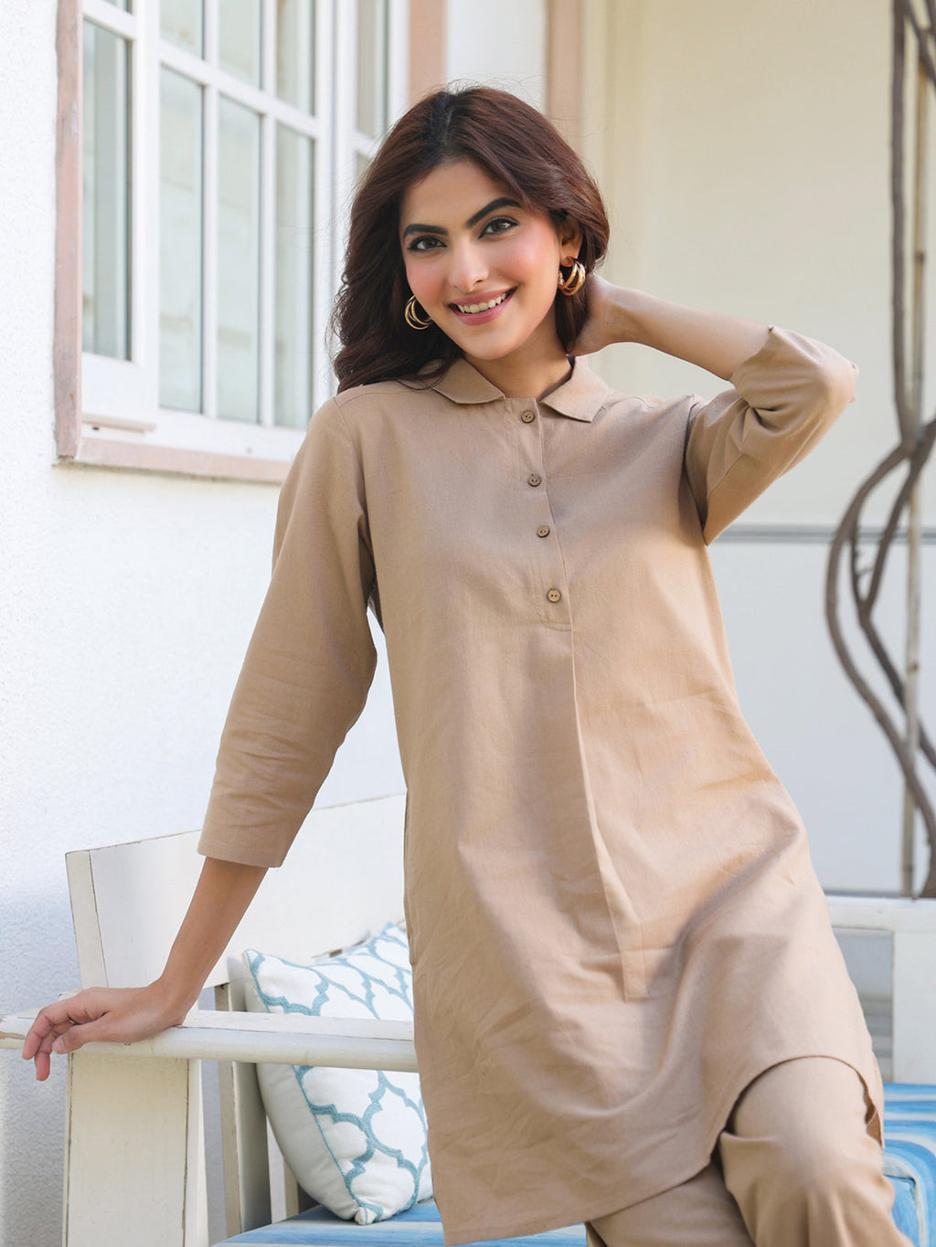 Janasya Dark Cotton Solid A-Line Top & Bottom Set | Grocsy