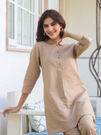 Janasya Dark Cotton Solid A-Line Top & Bottom Set | Grocsy