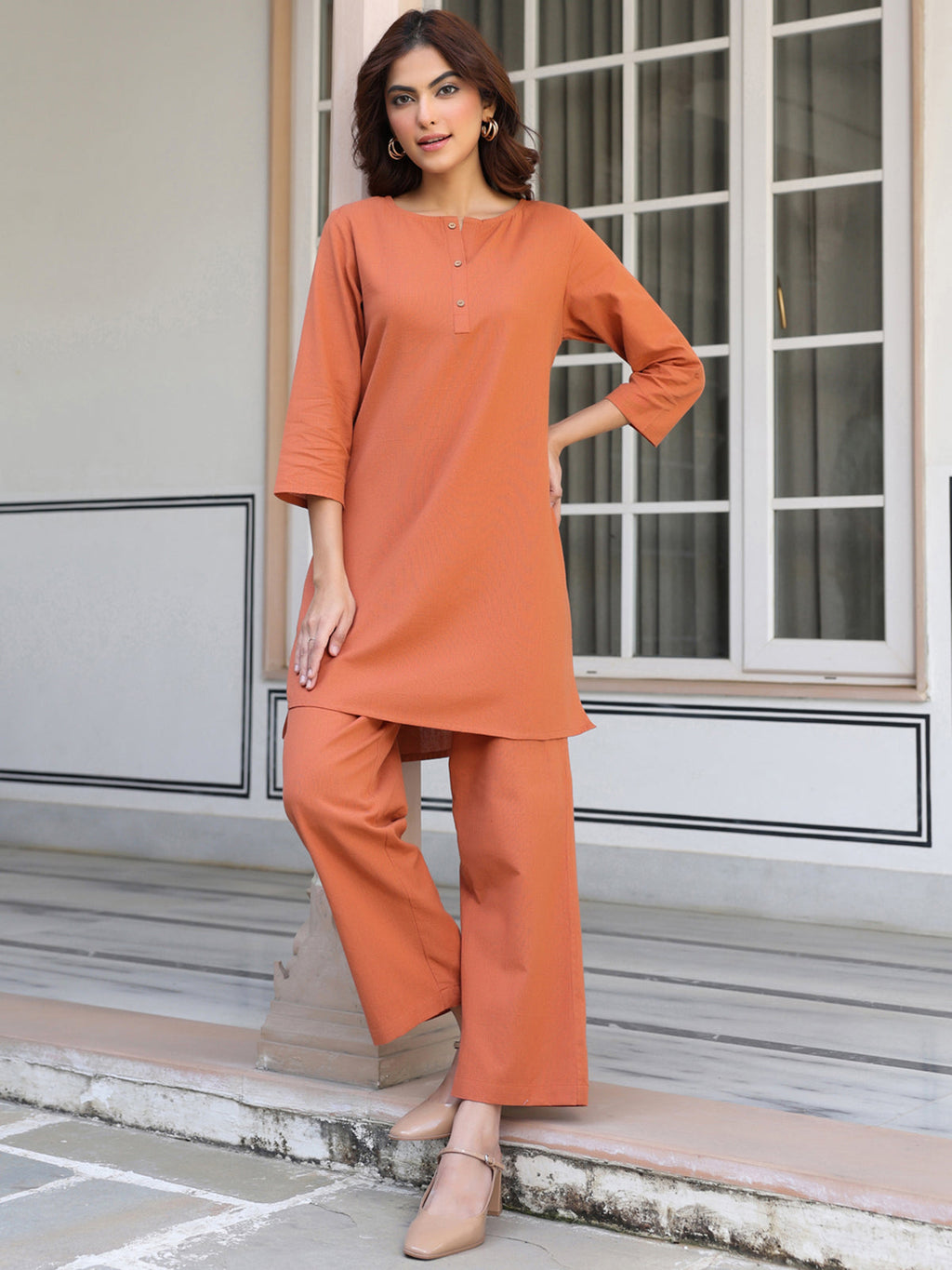 Janasya Dark Cotton Solid A-Line Top & Bottom Set | Grocsy