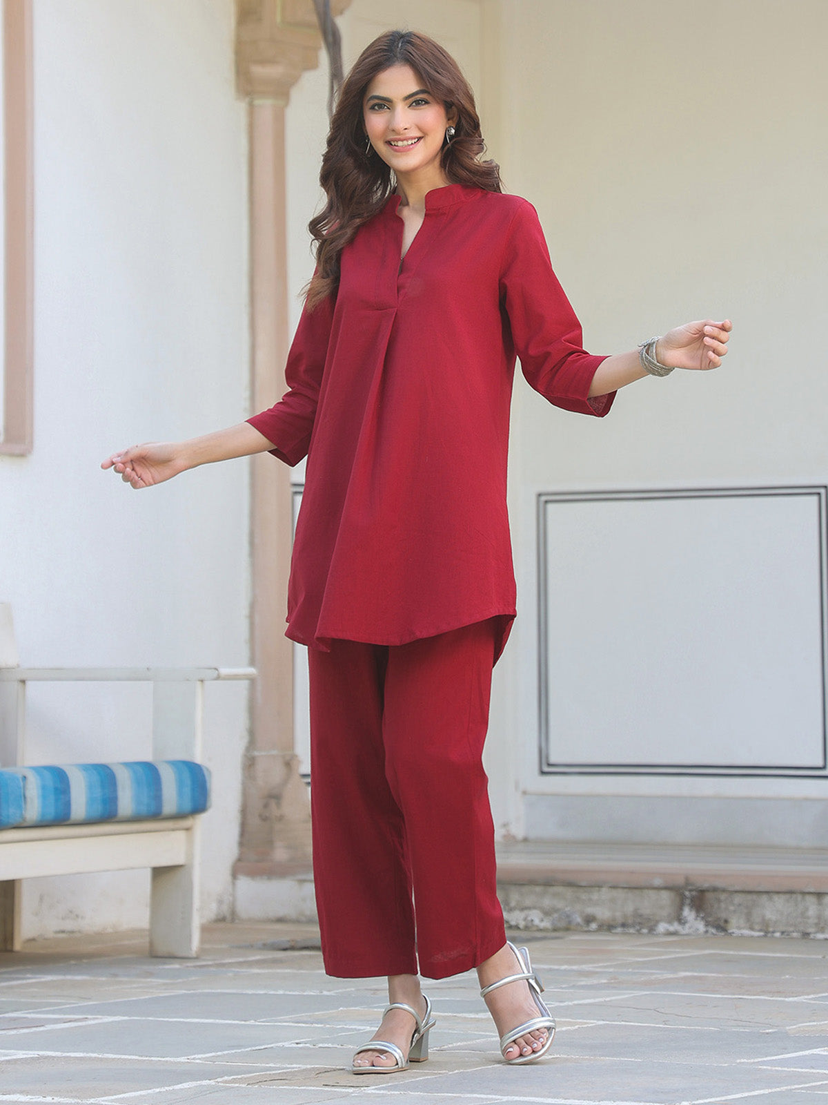 Janasya Dark Cotton Solid A-Line Top & Bottom Set | Grocsy