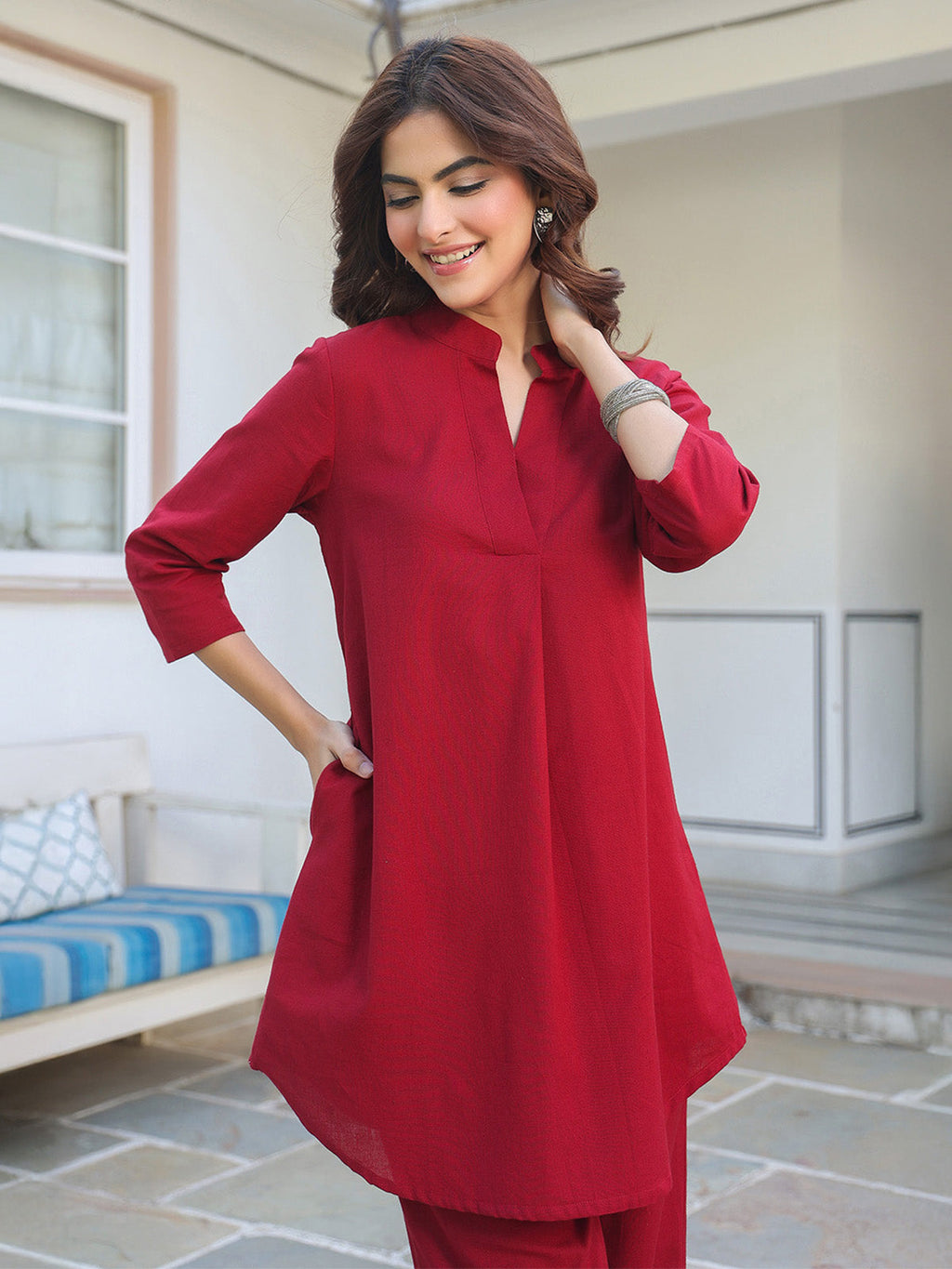 Janasya Dark Cotton Solid A-Line Top & Bottom Set | Grocsy