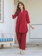 Janasya Dark Cotton Solid A-Line Top & Bottom Set | Grocsy