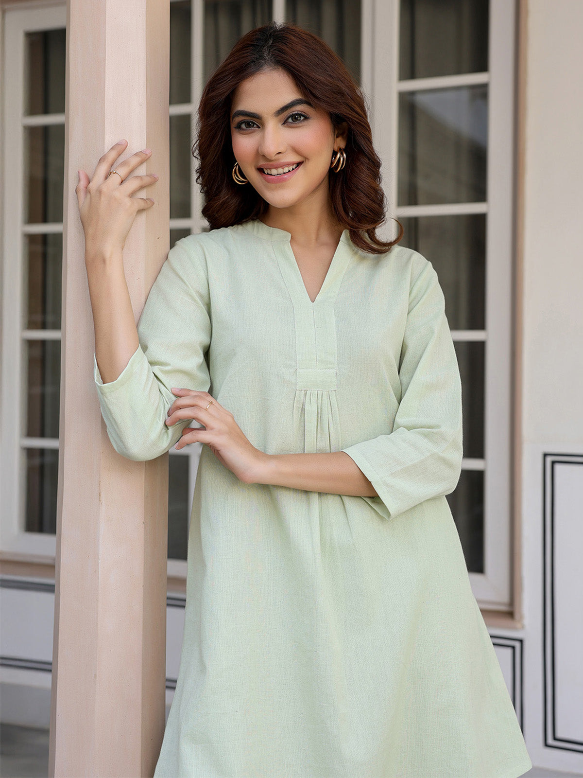 Janasya Light Cotton Solid A-Line Top & Bottom Set | Grocsy