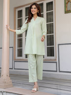 Janasya Light Cotton Solid A-Line Top & Bottom Set | Grocsy