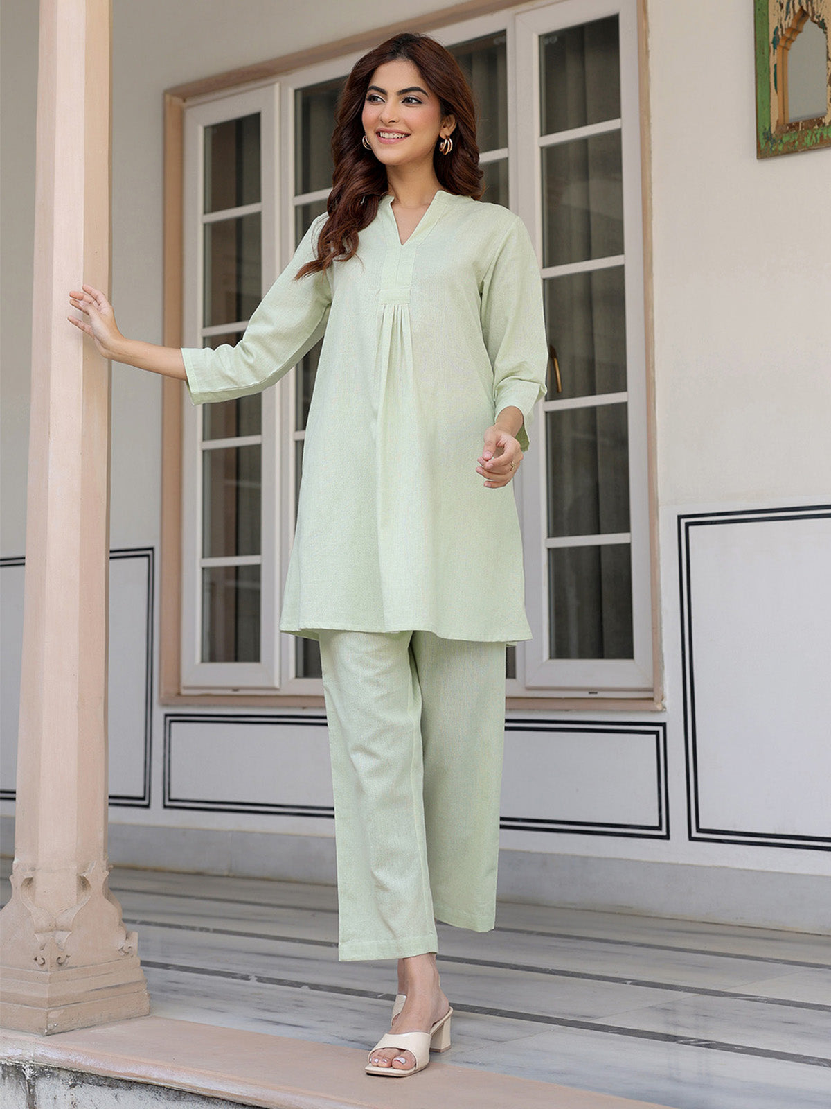 Janasya Light Cotton Solid A-Line Top & Bottom Set | Grocsy