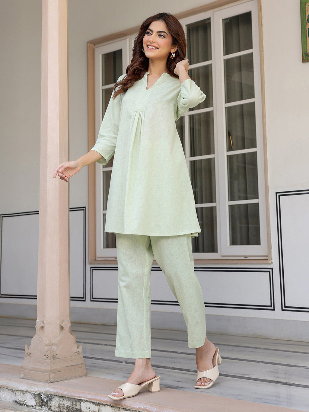 Janasya Light Cotton Solid A-Line Top & Bottom Set | Grocsy