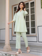 Janasya Light Cotton Solid A-Line Top & Bottom Set | Grocsy