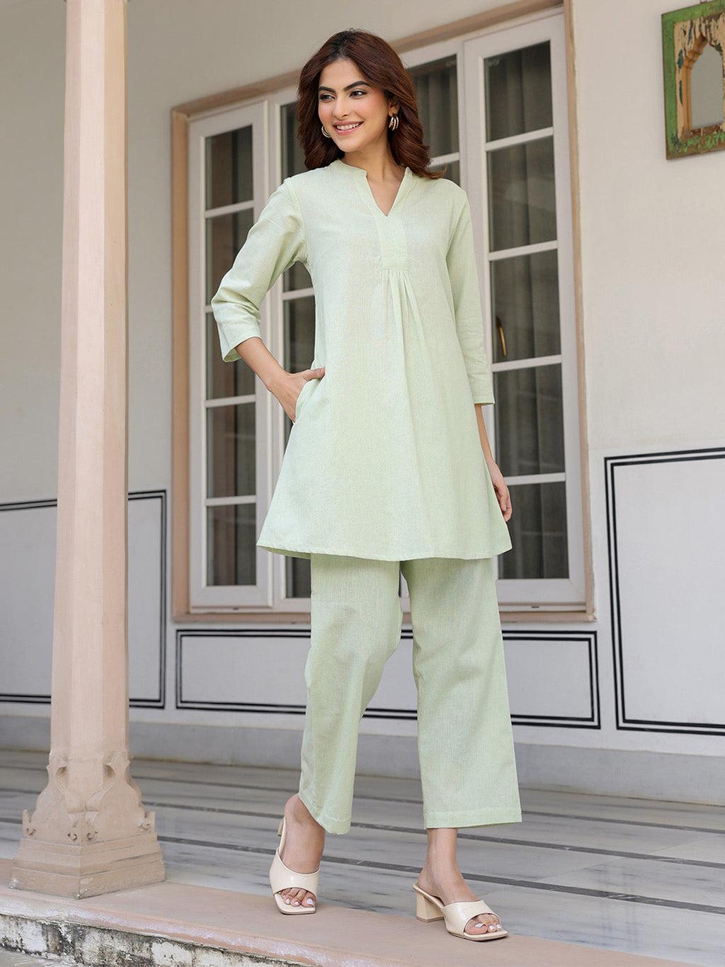 Janasya Light Cotton Solid A-Line Top & Bottom Set | Grocsy