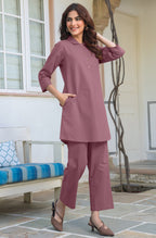 Janasya Light Cotton Solid A-Line Top & Bottom Set | Grocsy