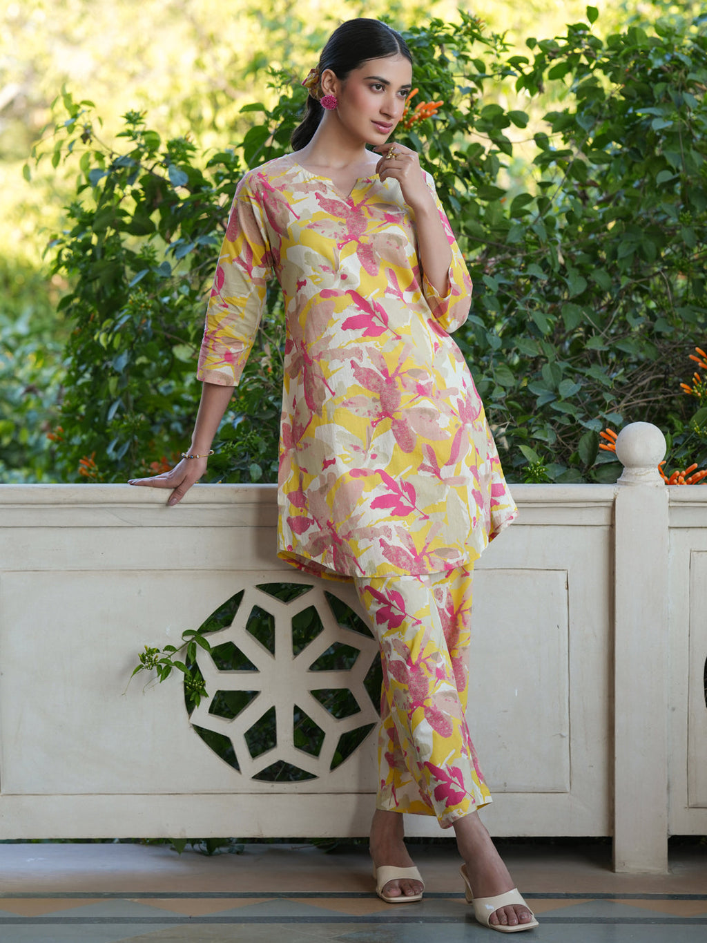 Janasya Bright Cotton Floral Straight Top & Bottom Set | Grocsy