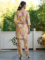 Janasya Bright Cotton Floral Straight Top & Bottom Set | Grocsy