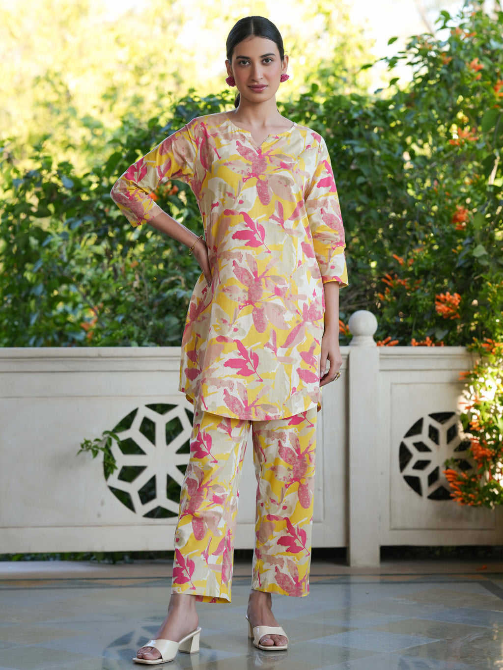 Janasya Bright Cotton Floral Straight Top & Bottom Set | Grocsy