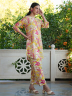 Janasya Bright Cotton Floral Straight Top & Bottom Set | Grocsy