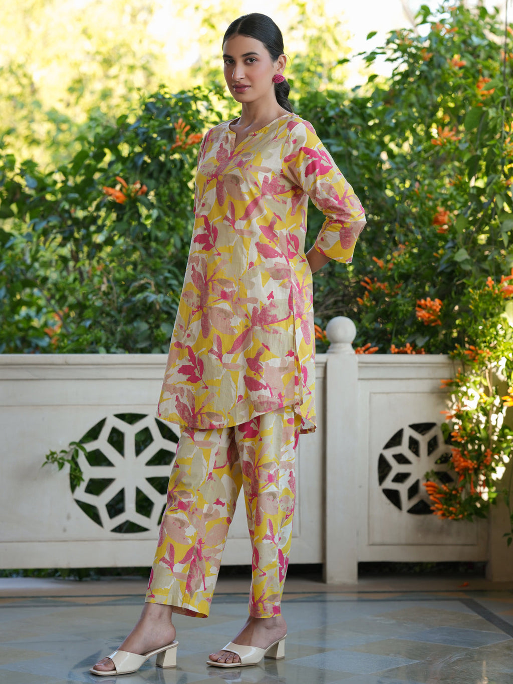 Janasya Bright Cotton Floral Straight Top & Bottom Set | Grocsy