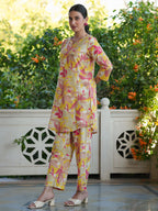 Janasya Bright Cotton Floral Straight Top & Bottom Set | Grocsy