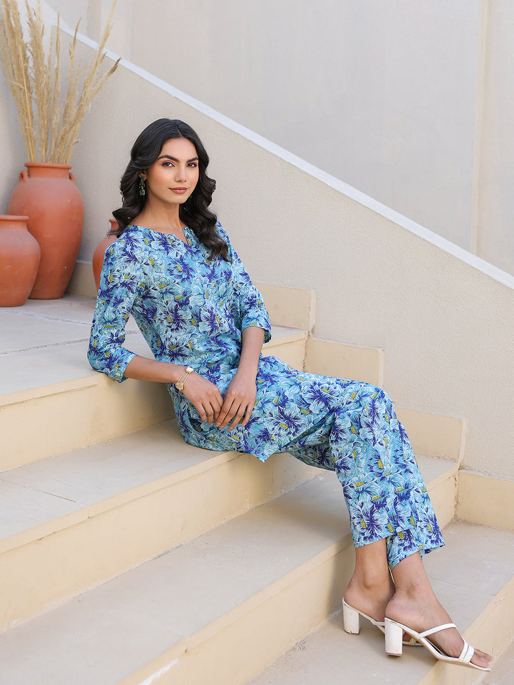 Janasya Bright Cotton Floral Straight Top & Bottom Set | Grocsy