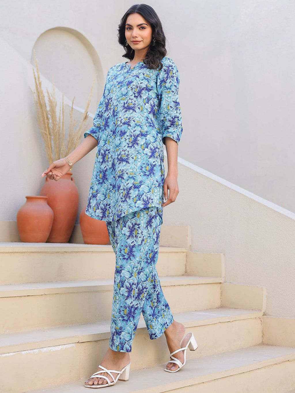 Janasya Bright Cotton Floral Straight Top & Bottom Set | Grocsy