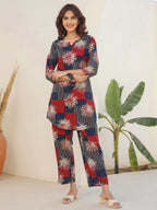 Janasya Dark Cotton Geometric Straight Top & Bottom Set | Grocsy
