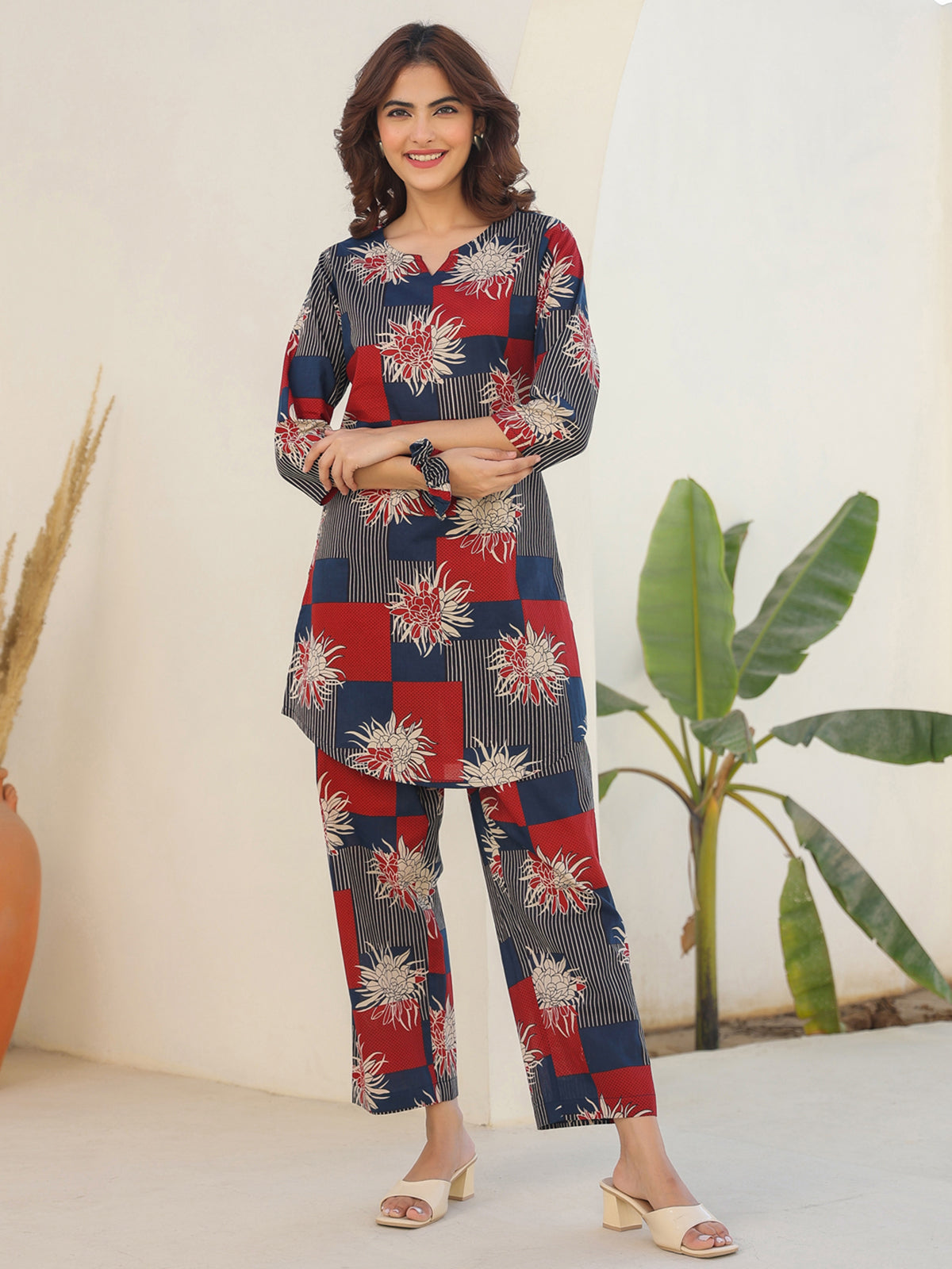 Janasya Dark Cotton Geometric Straight Top & Bottom Set | Grocsy