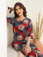 Janasya Dark Cotton Geometric Straight Top & Bottom Set | Grocsy