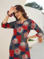 Janasya Dark Cotton Geometric Straight Top & Bottom Set | Grocsy